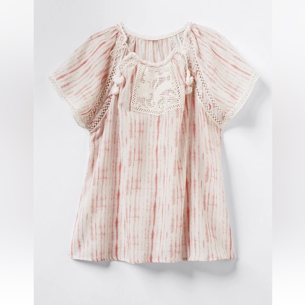 ⨠Boho Coastal Blush Tie-Dye Lace Detail Top | Summer Resort Chic Blouse - Picture 2 of 8